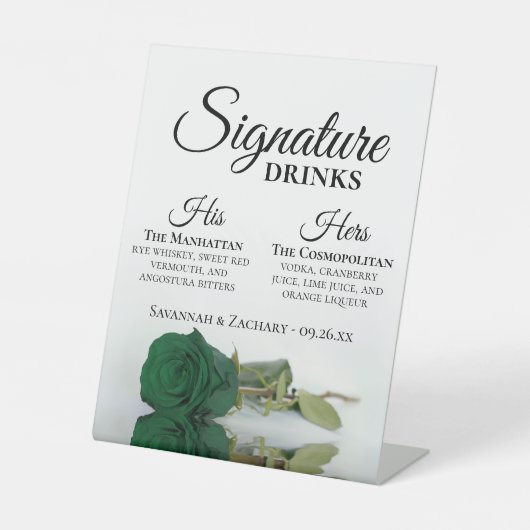 Signature Drinks Smaragdgrüne Rose Hochzeit Sockelschild (Vorderseite)