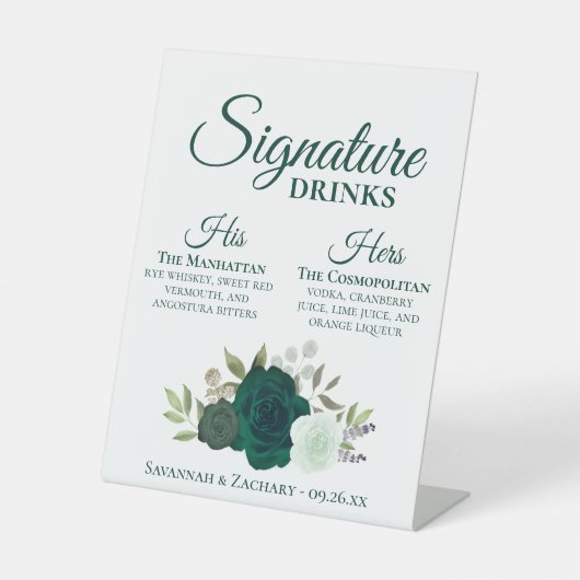 Signature Drinks Smaragdgrüne Rose Hochzeit Sockelschild (Vorderseite)