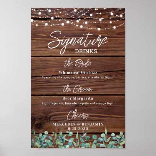 Signature Drinks String Lights Custom Wedding Bar Poster (Vorne)
