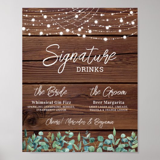 Signature Drinks String Lights Eukalyptus Wedding Poster (Vorne)