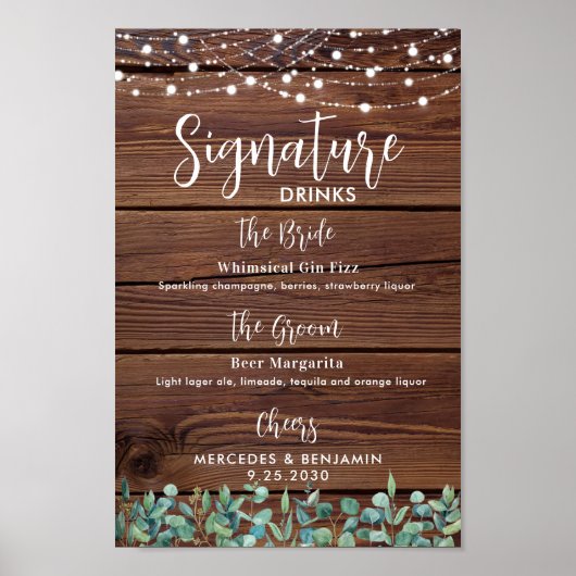 Signature Drinks String Lights Rustikale Hochzeits Poster (Vorne)