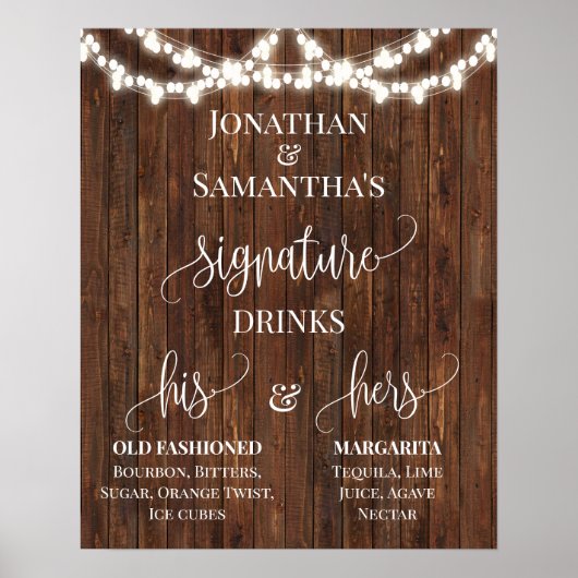 Signature Drinks Wedding Reception Rustic Sign Poster (Vorne)