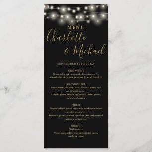 Signature-Menü für Schwarze Gold String-Lichter Menükarte