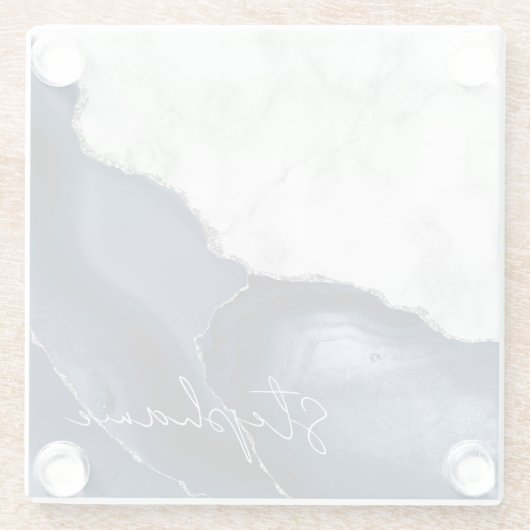 Signature Navy Blue Silver Agate White Marmor Glasuntersetzer (Rückseite)