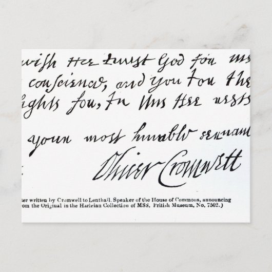 Signature Oliver Cromwell, handschriftlich Postkarte (Vorderseite)