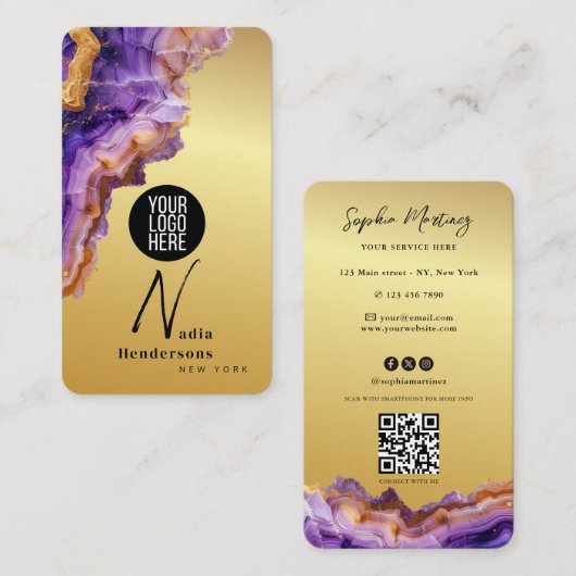 Signature Purple Agate gold marble & QR Code Logo Visitenkarte (Vorne/Hinten)