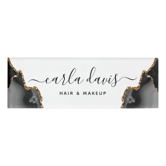 Signature Script Agate Black and Gold Marmor Namenschild (Vorderseite)