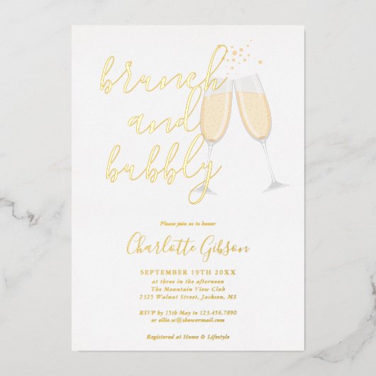 Signature Script Brunch Bubbly Brautparty Gold Folieneinladung (Vorderseite)