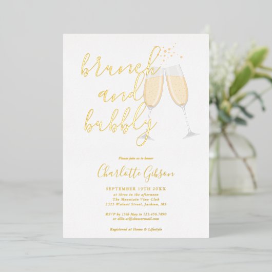 Signature Script Brunch Bubbly Brautparty Gold Folieneinladung (Stehend vorne)