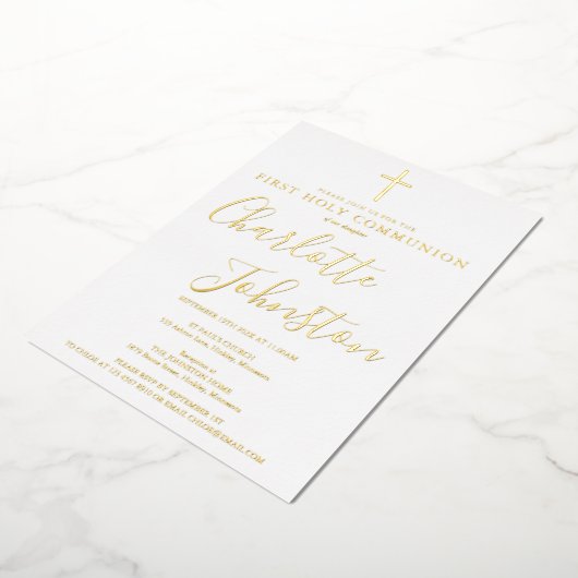 Signature Script Erste heilige Kommunion Gold Folieneinladung (Gedreht)