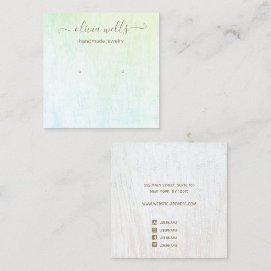 Signature Script Green Wood Ohrring Display Quadratische Visitenkarte (Vorne/Hinten)