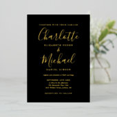 Signature Script Hochzeit Schwarz und Gold Folieneinladung (Stehend vorne)