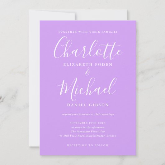 Signature Script Lavender Lilac Chic Wedding Einladung (Vorderseite)