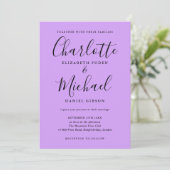 Signature Script Lavender Lilac Orchid Wedding Einladung (Stehend Vorderseite)