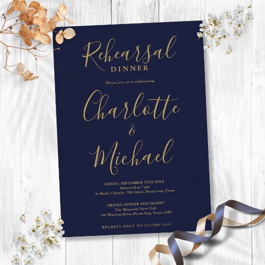 Signature Script Navy Blue Gold Rehearsal Dinner Einladung