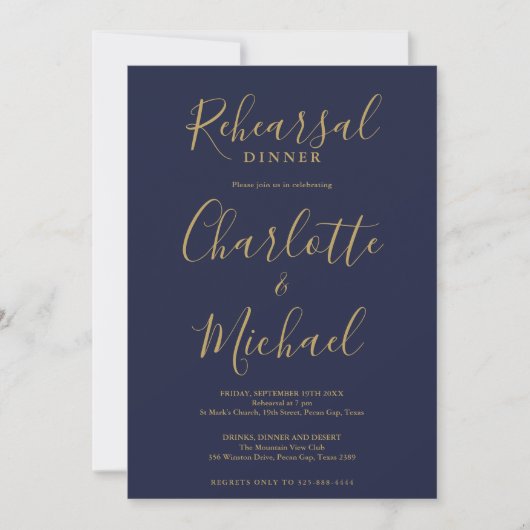 Signature Script Navy Blue Gold Rehearsal Dinner Einladung (Vorderseite)
