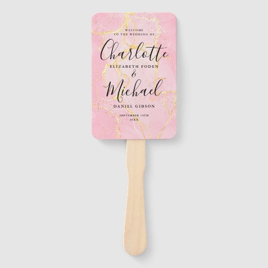 Signature Script Pink Gold Marble Wedding Programm Fächer (Vorderseite)