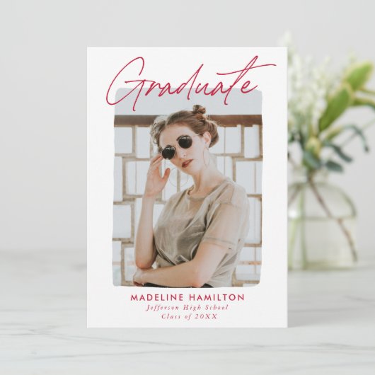 Signature Script Red Foto Graduation Party Einladung (Stehend Vorderseite)