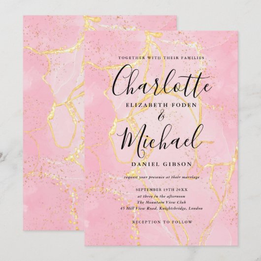 Signature Script Rosa Gold Agate Marmorhochzeit Einladung (Vorne/Hinten)