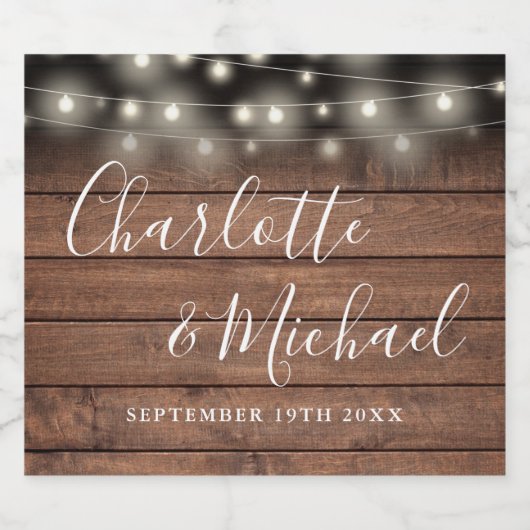 Signature Script rustic Wood String Lights Hochzei Schaumweinetikett (Einzelnes Label)