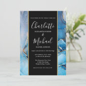 Signature Script Schwarz und Gold Blue Agate Hochz Einladung (Stehend Vorderseite)