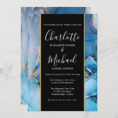 Signature Script Schwarz und Gold Blue Agate Hochz Einladung (Vorne/Hinten)
