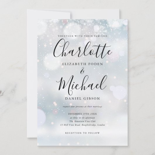 Signature Script Snowflakes Winterhochzeit Einladung (Vorderseite)