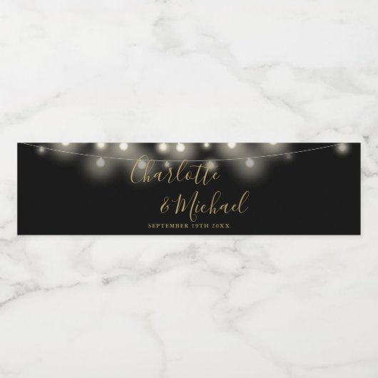 Signature Script String Lights Black Gold Wedding Wasserflaschenetikett (Einzelnes Label)