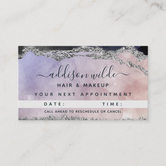 Signature Script Wasserfarbe Lila Schwarzes Silber Terminkarte (Vorderseite)