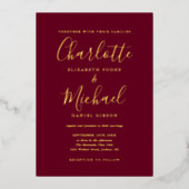 Signature Script Wedding Burgundy und Gold Folieneinladung (Vorderseite)