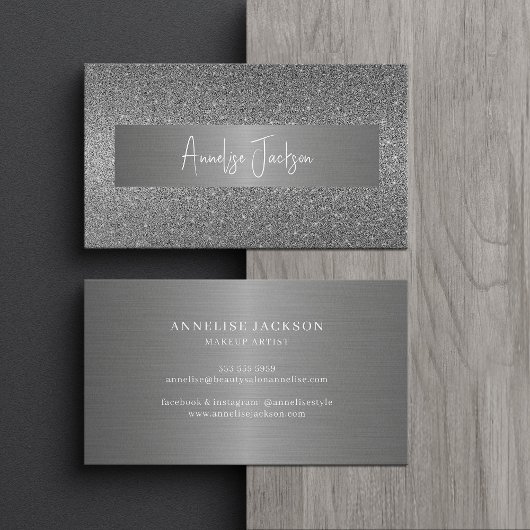 Signature-Skript moderne Glam Silber-Glitzer Visitenkarte