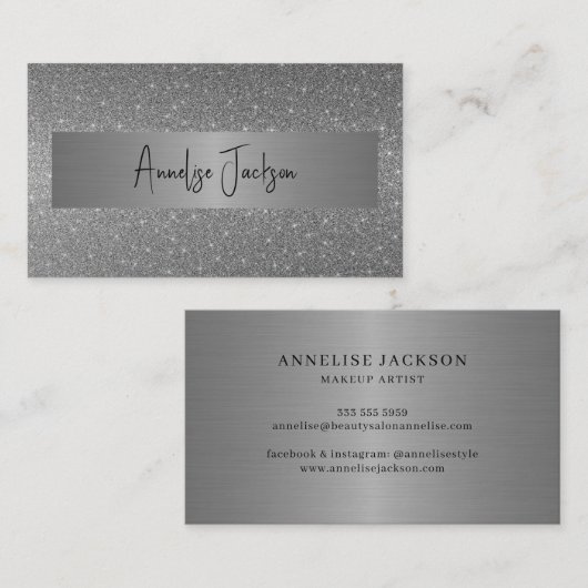 Signature-Skript moderne Glam Silber-Glitzer Visitenkarte (Vorne/Hinten)