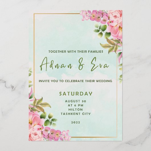 Signature-Skript, Rose & Blush Bloral Hochzeitsfoi Folieneinladung (Vorderseite)