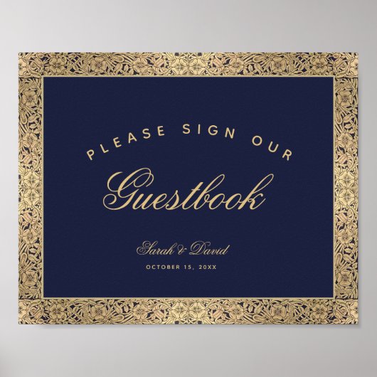 Signieren Sie Guestbook Navy Blue Gold Rose Hochze Poster (Vorne)