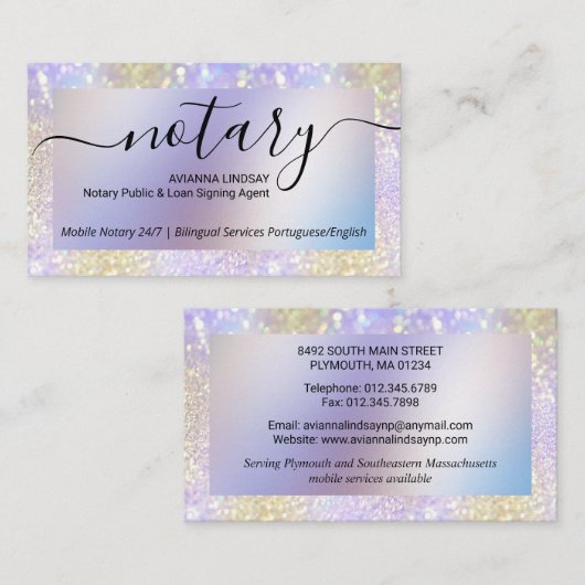 Signierung von Notar-Mobilfunk-Agent Lila Glitzer Visitenkarte (Vorne/Hinten)