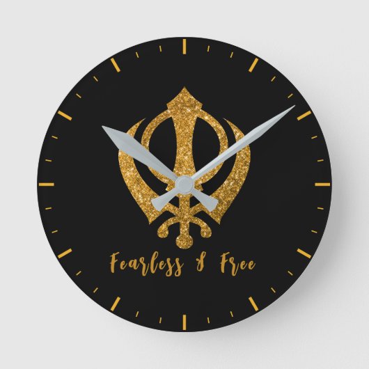Sikh Khanda "Fearless & Free" Runde Wanduhr (Vorderseite)