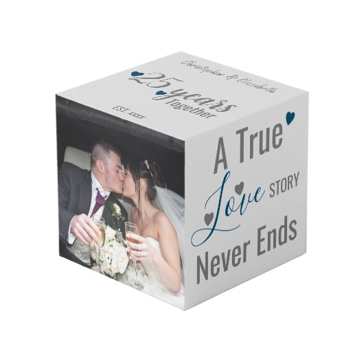 Silber 25 Jahre Jubiläum blaues Foto Würfel (Vorderseite Schrägansicht)