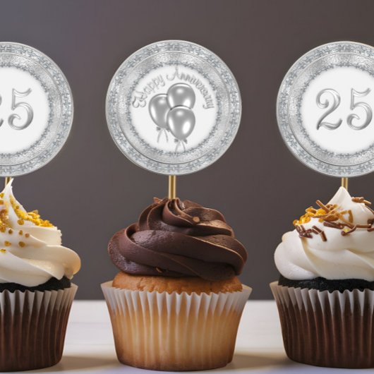Silber 25. Jubiläum Cupcake Sticker Topper