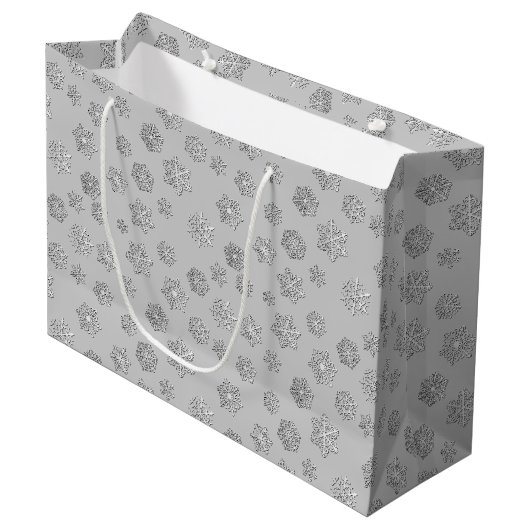 Silber 3-D Schneeflocken auf silberem Hintergrund Große Geschenktüte (Vorderseite Schrägansicht)