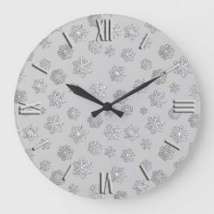 Silber 3-D Schneeflocken auf silberem Hintergrund Große Wanduhr
