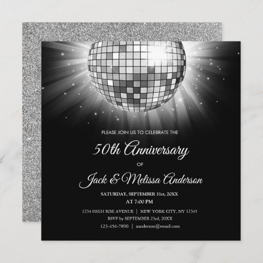 Silber 50 Jahre Party Disco Ball Einladung (Vorne/Hinten)