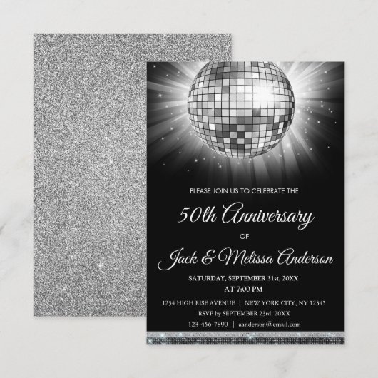 Silber 50 Jahre Party Disco Ball Einladung (Vorne/Hinten)