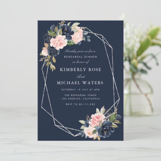 Silber-Abendessen in Navy und Rosa Probe Einladung (Stehend Vorderseite)