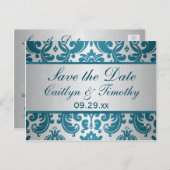 Silber, Aquamarine Damaske Save the Date Karte (Vorne/Hinten)
