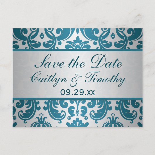 Silber, Aquamarine Damaske Save the Date Karte (Vorderseite)
