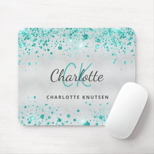 Silber aquamariner Glitzer Seegrün Monogramm metal Mousepad (Mit Mouse)