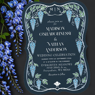 Silber Art Nouveau Blaue Wisteria Hochzeit Einladung