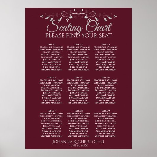 Silber auf Burgundy 9 Tabelle Hochzeitstabelle Poster (Vorne)