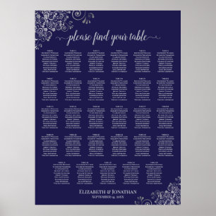 Silber auf Marineblau 29 Tisch Hochzeits-Sitzplan Poster