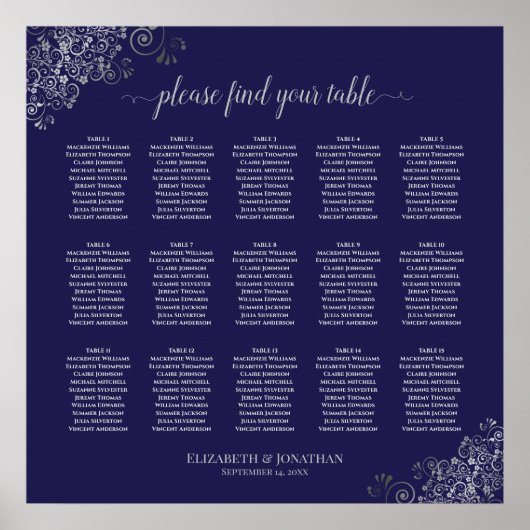 Silber auf Navy Blue 15 Table Wedding Seating Char Poster (Vorne)
